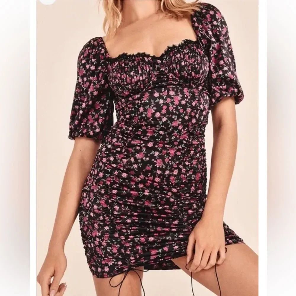 FOR LOVE AND LEMONS  Melrose Dress Black with Floral Rose Print
